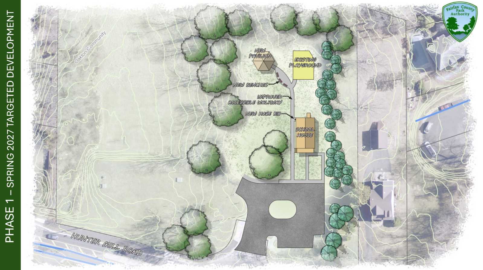 Top-down site plan for Phase 1 development (Spring 2027): schoolhouse, new pavilion, benches, accessible walkway, existing playground, and tree-lined areas near Hunter Mill Road.