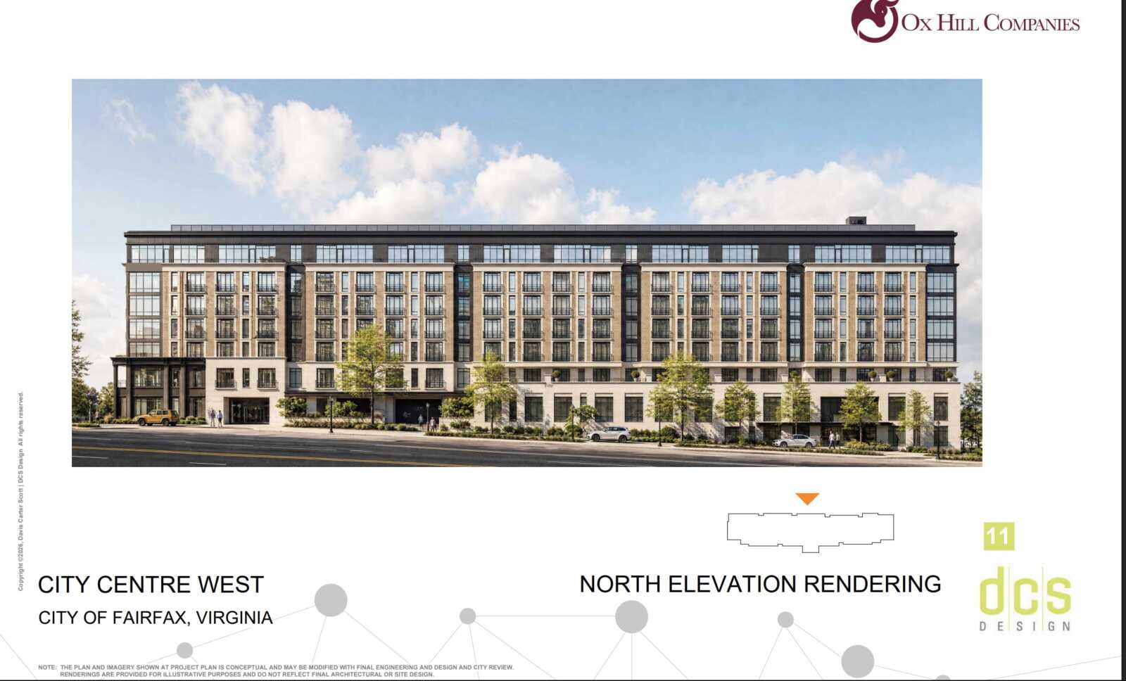 A rendering submitted by Ox Hill to the City of Fairfax (via City of Fairfax) | FFXnow North elevation rendering of City Centre West, a multi-story building in Fairfax, VA with Ox Hill Companies branding.