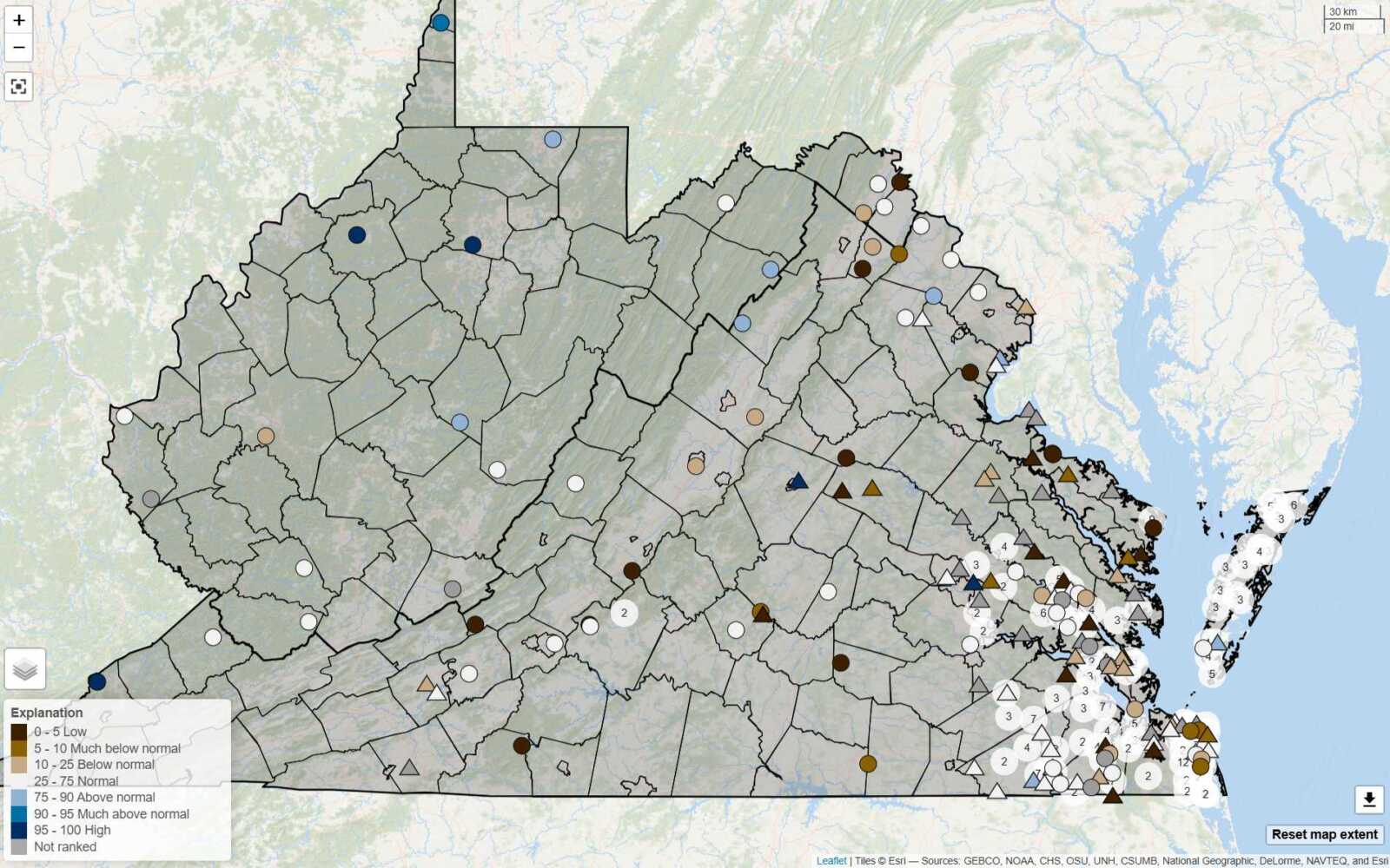 Groundwater levels in Virginia's monitoring wells, as of Oct. 4, 2026 (via U.S. Geological Survey) | FFXnow County-level map along the Atlantic coast showing many markers (circles, triangles) in different colors to indicate data categories; legend in lower-left explains ranges and symbols.