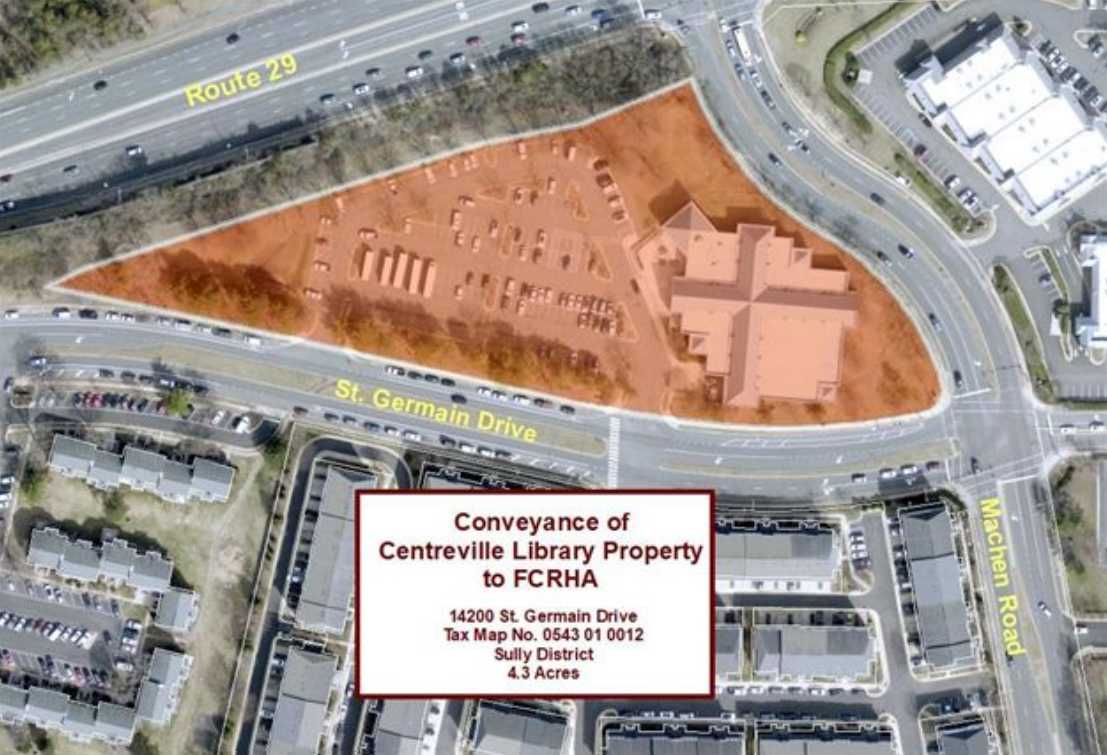 The Centreville Regional Library site (via Fairfax County) | FFXnow Aerial view of a triangular orange-outlined site at Route 29 and St. Germain Drive, with a large building and parking nearby and a sign about conveyance to FCRHA.