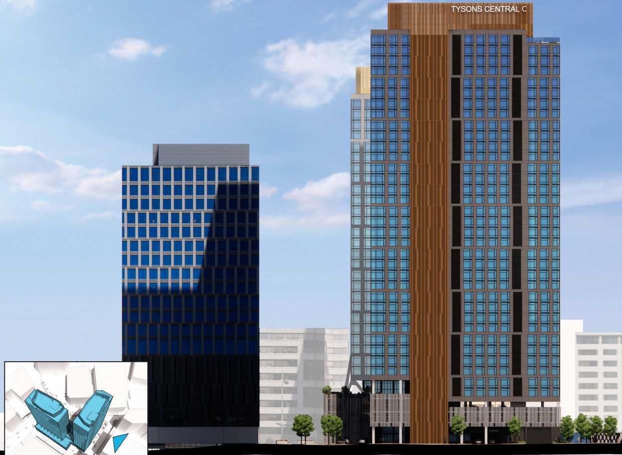 Two tall office buildings in a cityscape: a blue glass-waced tower on the left and a taller brown wood-panelled skyscraper on the right, with a small architectural plan inset bottom-left.