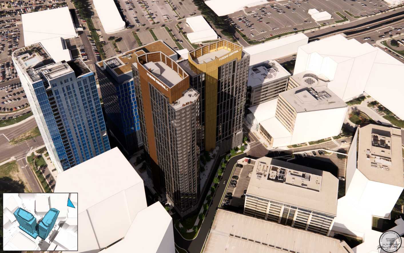 Aerial view of a modern high-rise office complex with brown and gold towers surrounded by streets and parking. Inset shows a blueprint-style diagram of two blue towers.