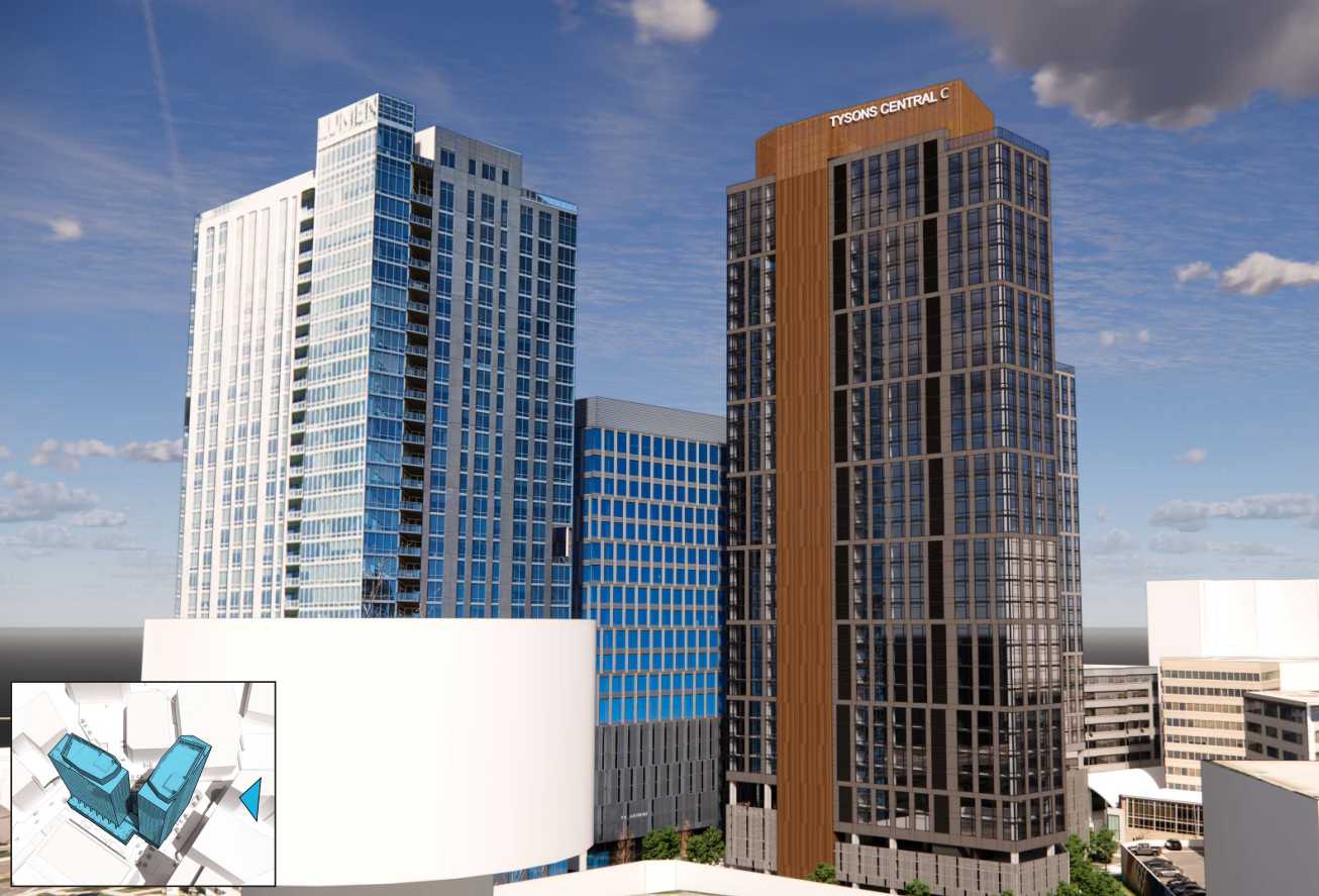 Modern urban skyline with tall glass office towers, including a blue-gray building and a brown-tinted tower labeled 'Tysons Central,' under a blue sky with scattered clouds. An inset shows a white architectural plan with blue accents in the bottom-left corner.