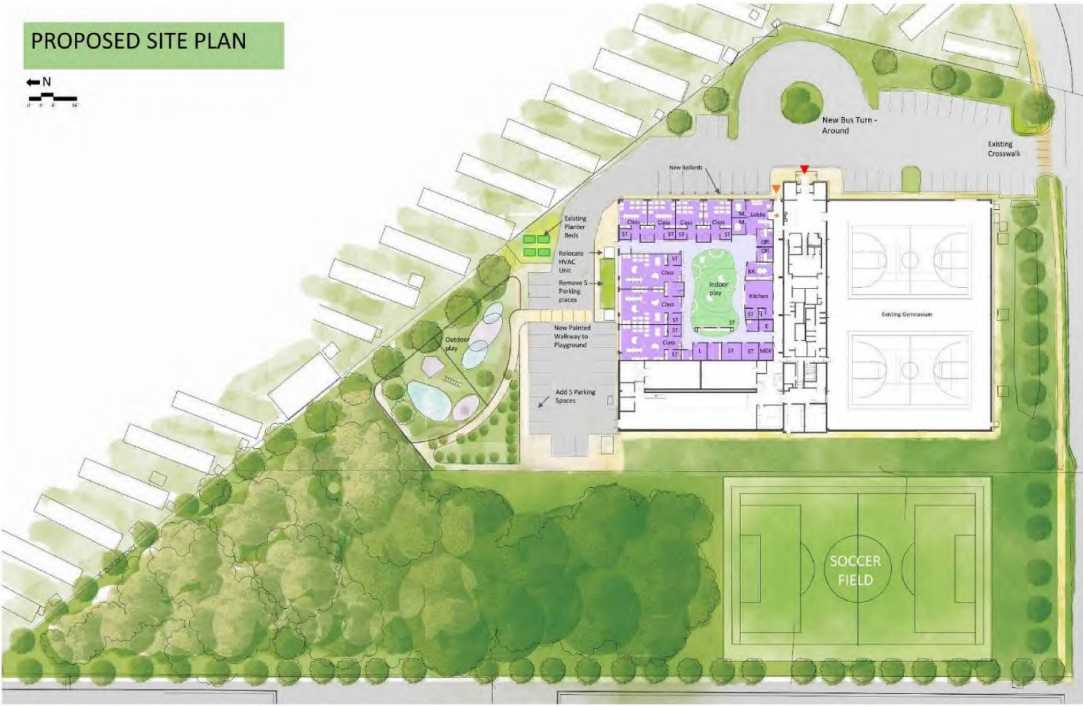 Site plan for a renovation of the Hybla Valley Community Center to add a child care center and an athletic field (via Fairfax County staff report) | FFXnow Proposed site plan: central building with purple rooms, outdoor play area, parking, and a soccer field on green grounds