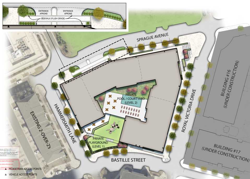Approved development plan for Peterson Companies' planned MetroWest apartment building (via Urban Ltd./Fairfax County) | FFXnow Site plan of a building complex bounded by Bastille Street, HammerSmith Lane, Sprague Avenue and Royal Victoria Drive, showing a central irregular building with a Private Pool/Courtyard (Level 2) and a Private Playground (Level 1) plus surrounding landscaping and tree-lined streets.