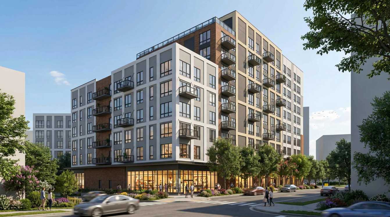 Rendering of Peterson Companies' planned MetroWest apartment building (via Urban Ltd./Fairfax County) | FFXnow Modern mixed-use apartment building with multiple balconies along a tree-lined street; ground-floor storefronts and pedestrians outside.