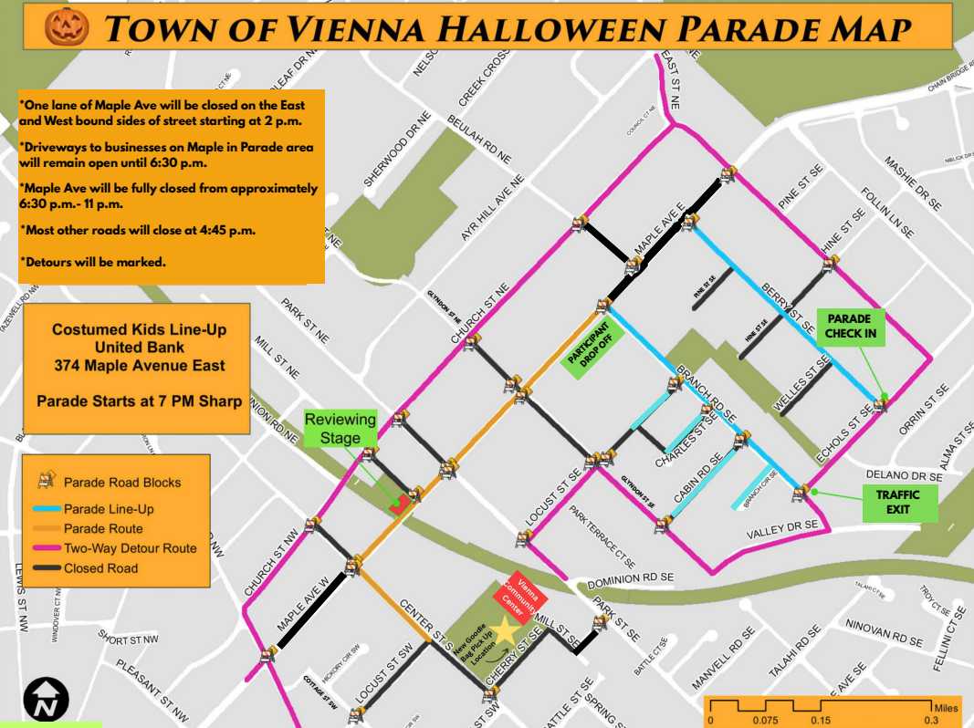 Vienna Halloween Parade route and road closures map for 2026 (via Town of Vienna) | FFXnow