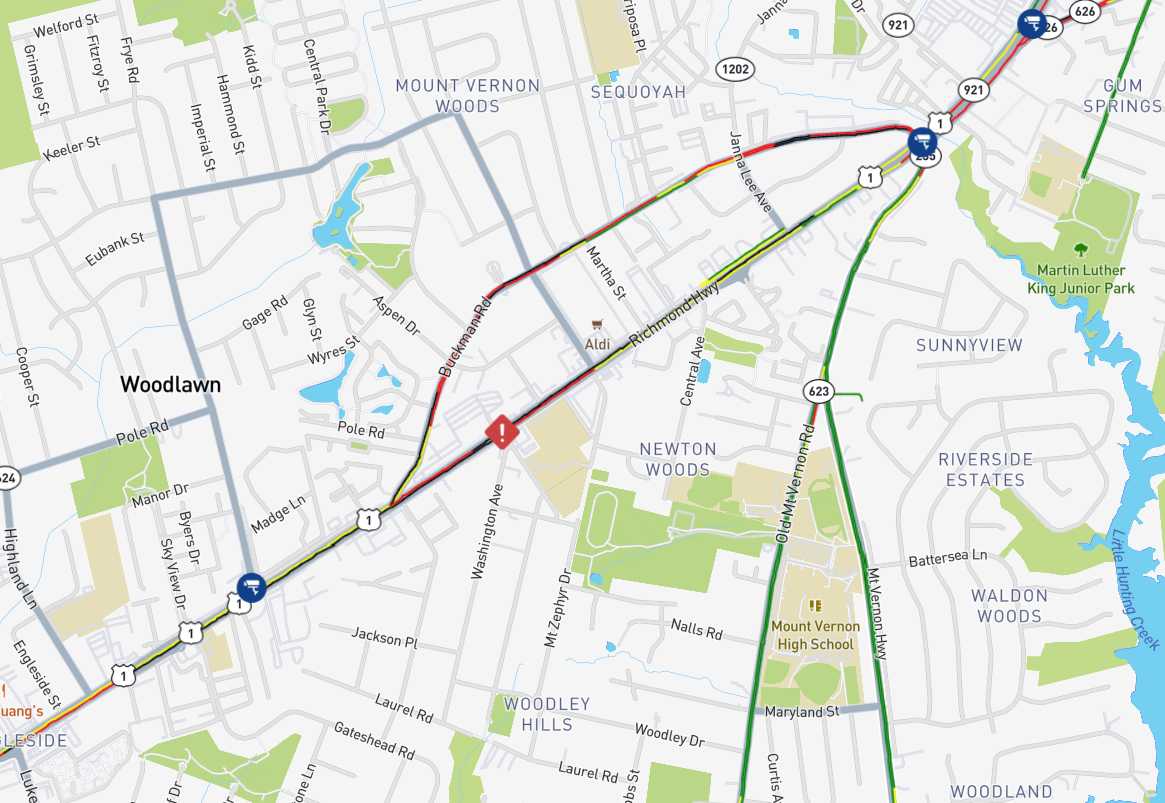 Crash at Richmond Highway and Mohawk Lane in Woodlawn (via 511Virginia) | FFXnow