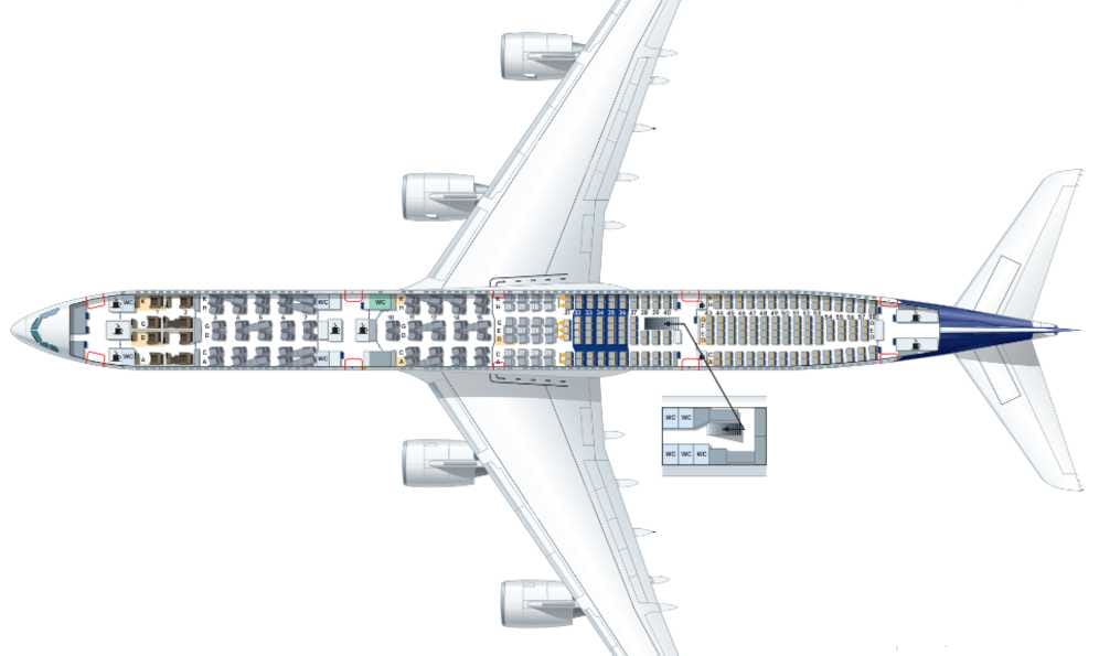 Seating chart on Lufthansa A340-600 (courtesy Lufthansa) | FFXnow Top-down layout of an airplane cabin showing seating arrangement, galleys, and lavatories along the fuselage (airliner diagram).