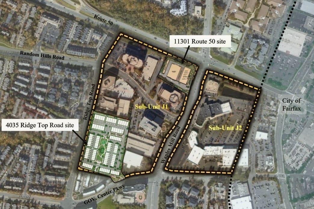 Sub-Units J1 and J2 with two sites planned for redevelopment (via Fairfax County) | FFXnow Aerial map showing two outlined sites labeled Sub-Unit J1 and Sub-Unit J2, with routes Route 50 and Ridge Top Road nearby and marker labels 11301 Route 50 site and 4035 Ridge Top Road site.