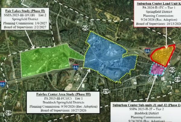 Map of planned development zones with colored polygons (green, blue, orange, pink) and dashed borders, showing surrounding roads I-66 and Route 29; labels indicate different study areas and planning commissions.