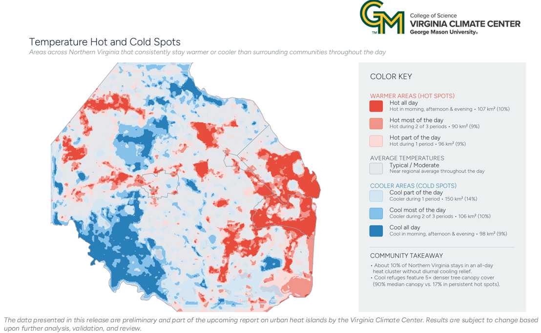 Hot and cold spots in Fairfax, Arlington and Alexandria recorded by the Northern Virginia Urban Heat Island Mapping Project (courtesy Faith Alliance for Climate Solutions) | FFXnow