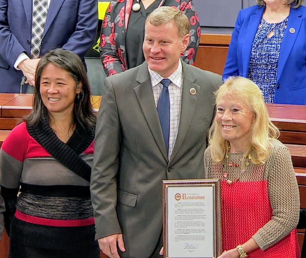 Wanda Rixon accepts soccer proclamation from Board Chair Jeff McKay (screenshot via Fairfax County) | FFXnow