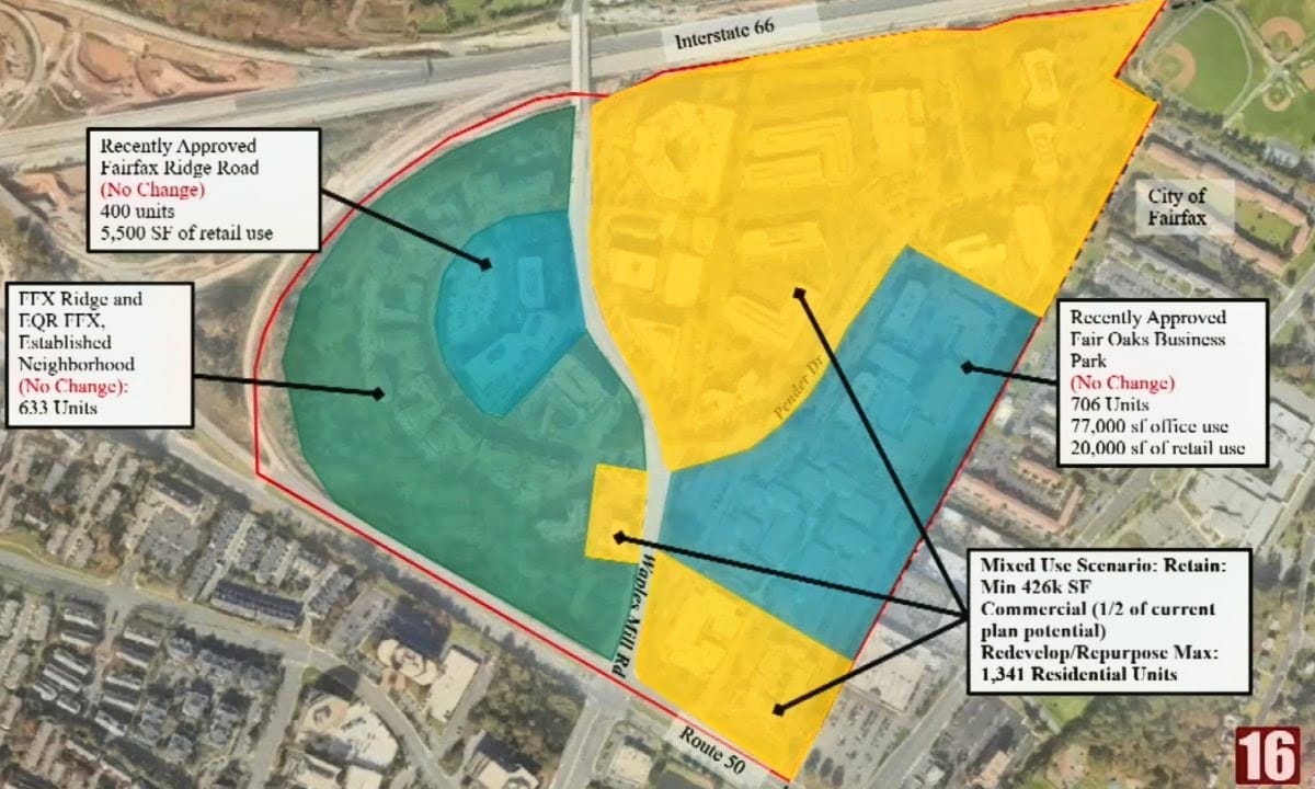 Yellow areas show possible development changes in Land Unit K (screenshot via Fairfax County) | FFXnow Aerial zoning map of Fairfax area with yellow, teal, and blue zones, labeled streets (Interstate 66, Route 50) and plan notes indicating mixed-use development.