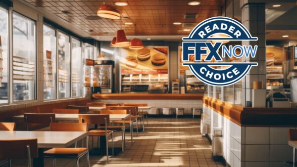 Fast-food restaurant interior with orange chairs and bright lighting, overlaid by a large circular 'READer FFX NOW CHOICE' badge on the right.