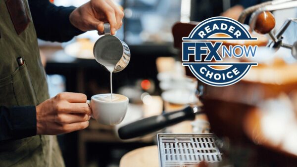 Barista pours steamed milk into a cup of coffee beside an espresso machine, with a circular 'FFX NOW CHOICE' badge on the right.
