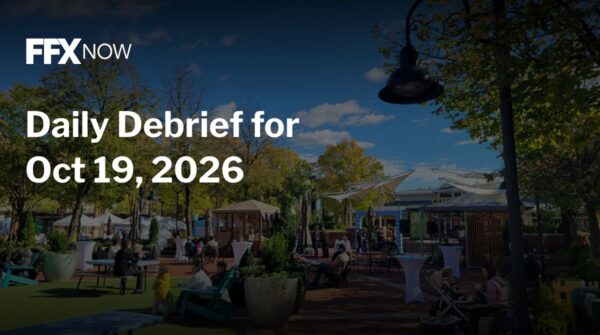 FFX Now Daily Debrief banner over an outdoor park plaza with people, seating, and trees; large date text reads 'Oct 19, 2026.'