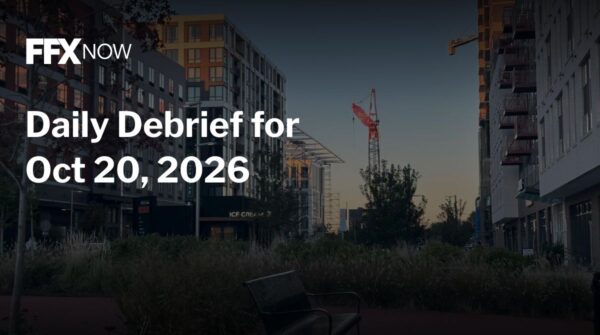 FFX Now Daily Debrief headline over a cityscape with a crane and modern buildings at sunset