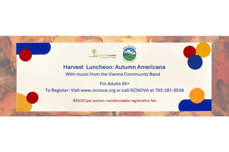 Event flyer advertising Harvest Luncheon: Autumn Americana with music from the Vienna Community Band; for adults 55+; register at scnova.org; $20 fee.