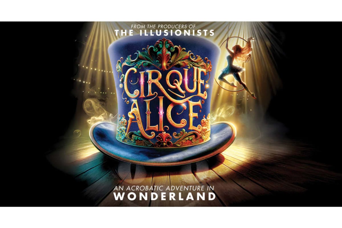 Promotional poster for Cirque Alice: An acrobatic adventure in Wonderland, featuring a colorful ornate top hat and a gymnast on a hoop.