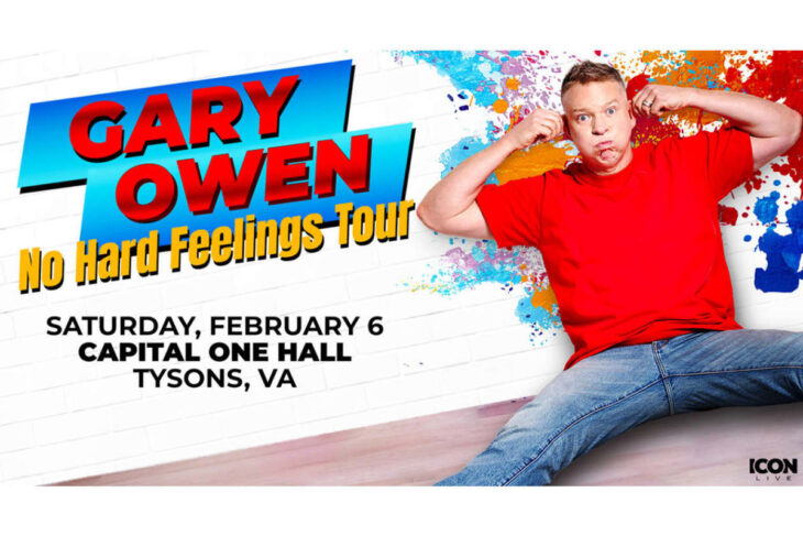 Promotional poster for Gary Owen's No Hard Feelings Tour announcing February 6 at Capital One Hall in Tysons, VA.