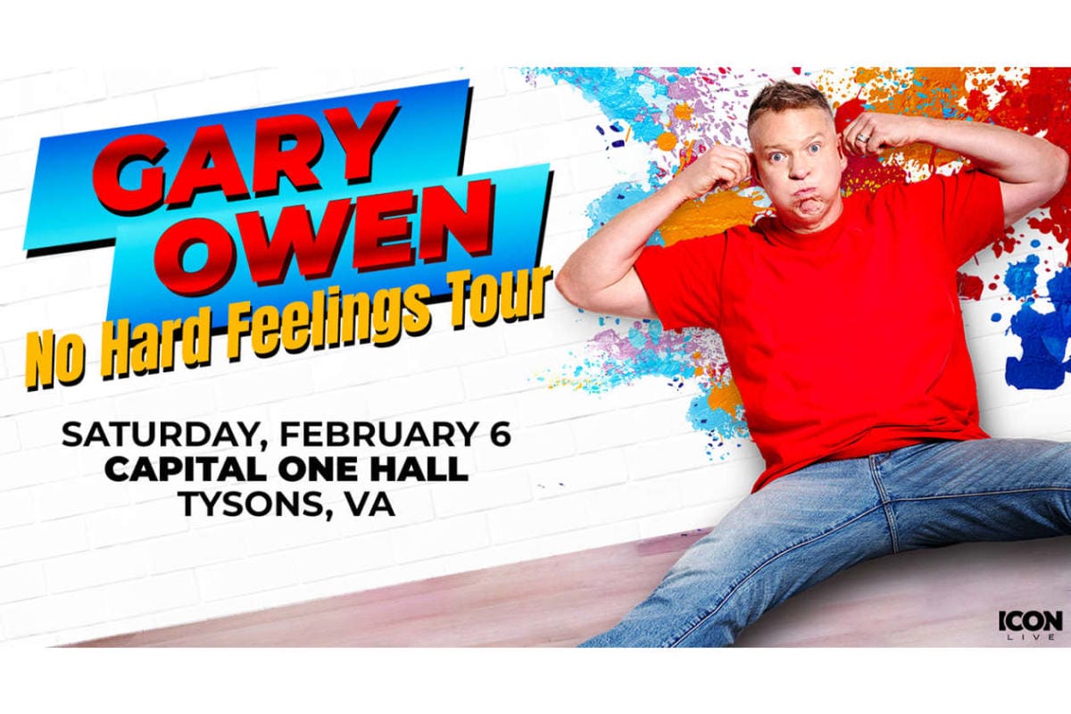 Promotional poster for Gary Owen's No Hard Feelings Tour announcing February 6 at Capital One Hall in Tysons, VA.