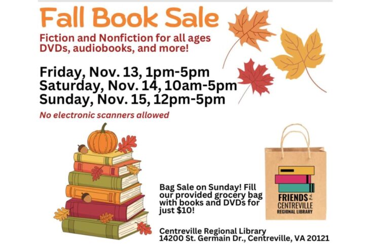 Fall Book Sale flyer announcing fiction and nonfiction for all ages, autumn leaves, a pumpkin, and a stack of books with a library tote; event at Centreville Regional Library, Nov 13–15 (no electronic scanners). This conveys dates, location, and key details.
