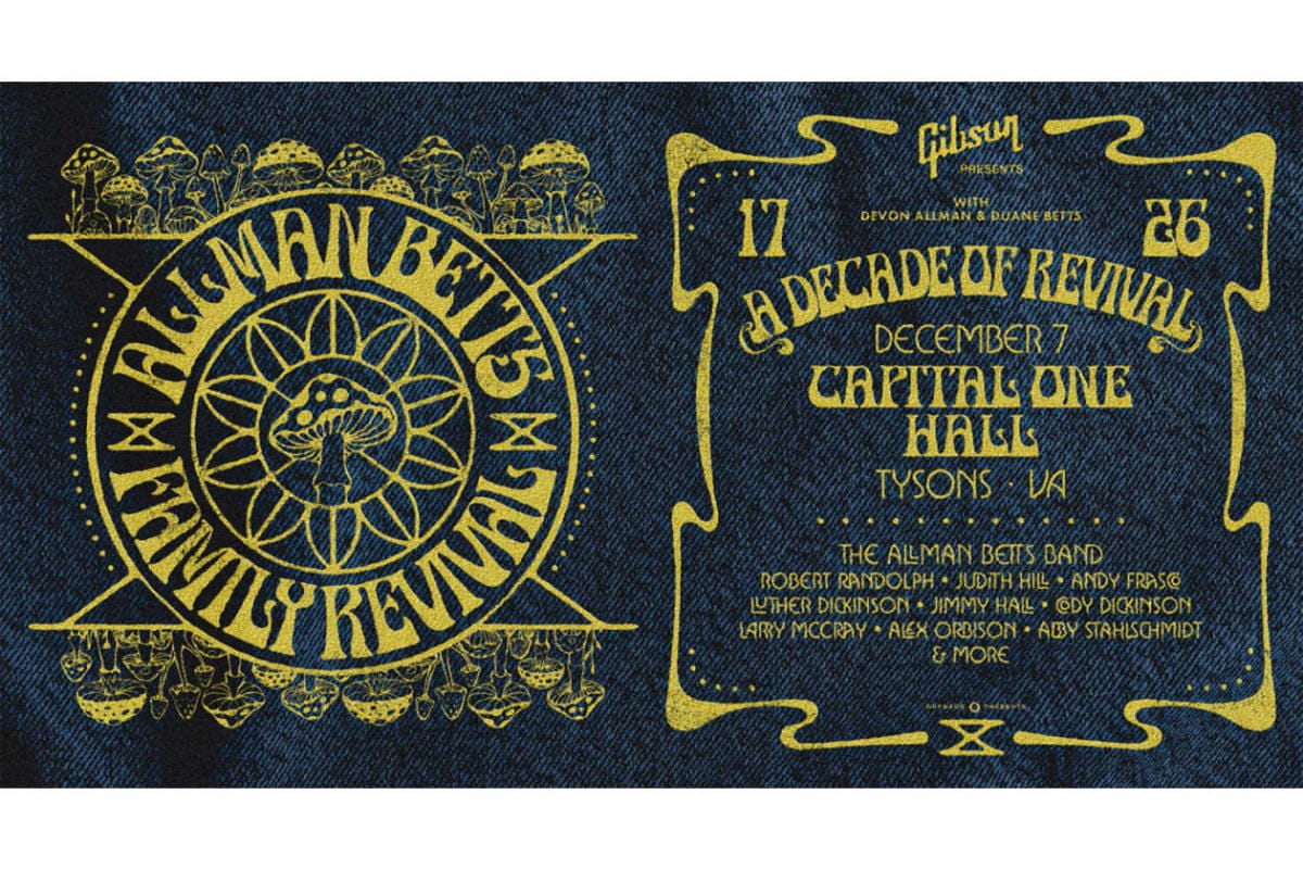 Concert poster: Allman Betts Band show 'A Decade of Revival' at Capital One Hall, Tysons, VA, Dec 7, Gibson presents.