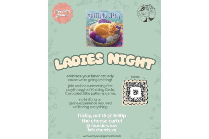 Poster advertising 'Ladies Night' knitting circle with date, time, and location in Falls Church, VA.