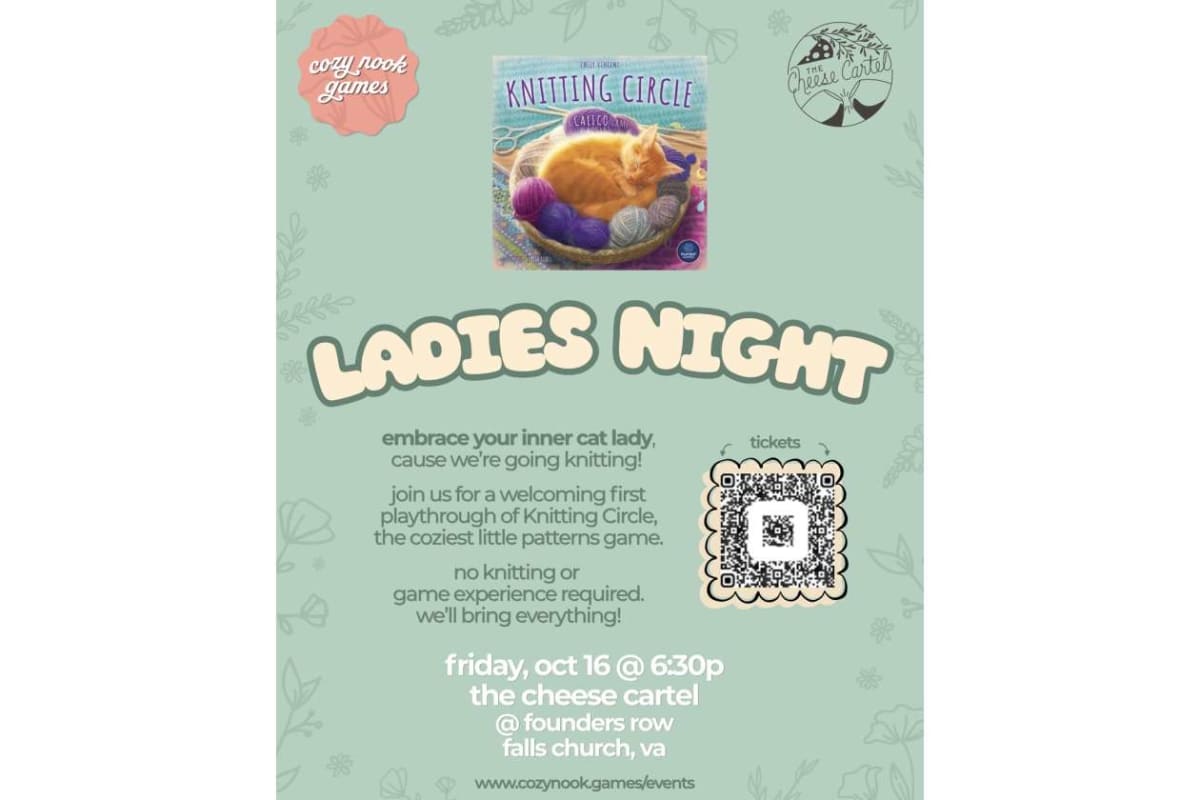 Poster advertising 'Ladies Night' knitting circle with date, time, and location in Falls Church, VA.