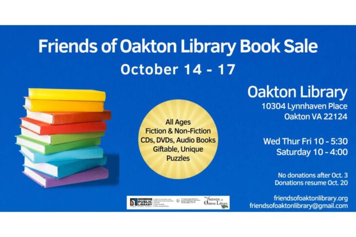 Poster for Friends of Oakton Library Book Sale, Oct 14–17, with a stack of colorful books on a blue background and Oakton Library address and hours on the right.