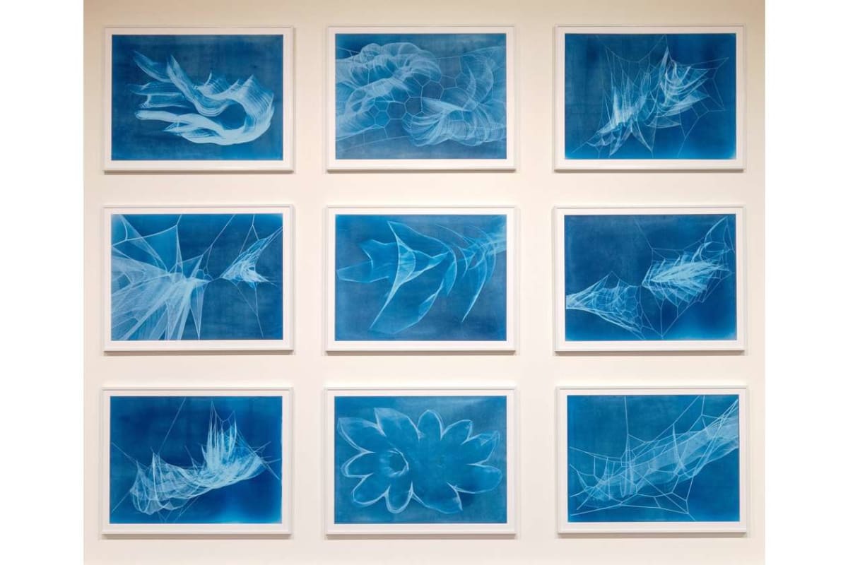 Nine blue abstract prints in white frames arranged in a 3x3 grid on a light gallery wall.