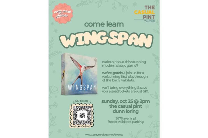 Poster advertising Wingspan board game event at The Casual Pint, Oct 25 at 2pm, Dunn Loring; includes QR code.
