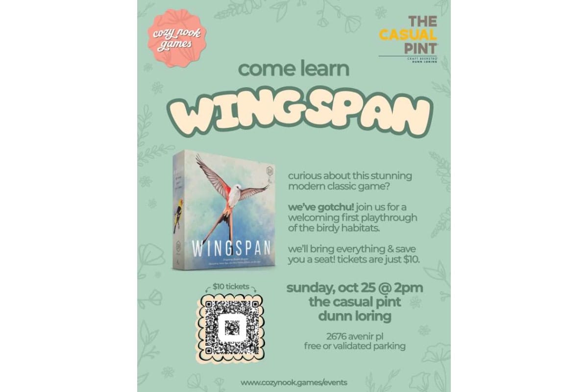 Poster advertising Wingspan board game event at The Casual Pint, Oct 25 at 2pm, Dunn Loring; includes QR code.