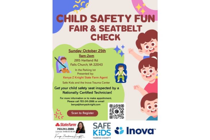 Poster for a child safety event: 'Child Safety Fun Fair & Seatbelt Check' with date, time (Sun Oct 25, 11am–2pm) and Falls Church, VA address; features children illustrations and a QR code to register; hosted by Safe Kids and Inova Trauma Center with Kenya Knight State Farm.