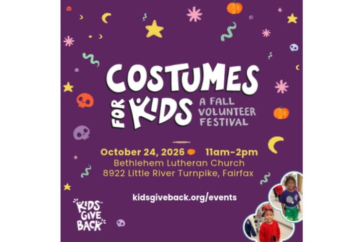 Purple poster for 'Costumes for Kids' fall volunteer festival with pumpkins and confetti; event details shown: Oct 24, 2026, 11am–2pm, Bethlehem Lutheran Church, 8922 Little River Turnpike, Fairfax (kidsgiveback.org/events)