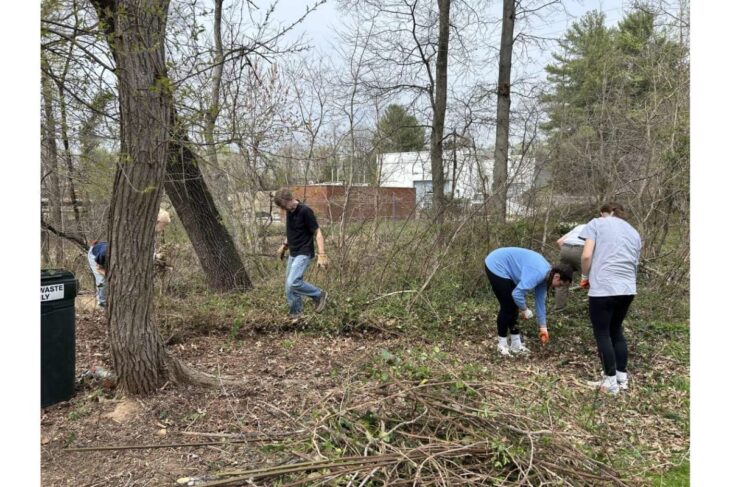 Group of people cleaning up a wooded area, picking up branches and debris with gloves on.