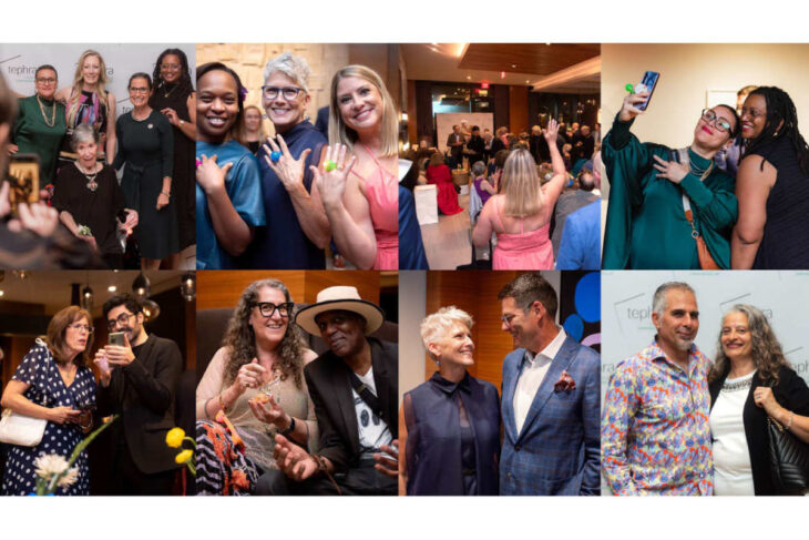Collage of diverse attendees posing for photos at a formal event, likely a gala or conference, with groups in different outfits.