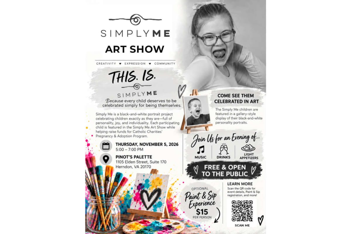 Poster advertising the Simply Me Art Show with colorful paintbrushes, splashes of color, and a child portrait on display; includes date, location, and 'Free & Open to the Public'