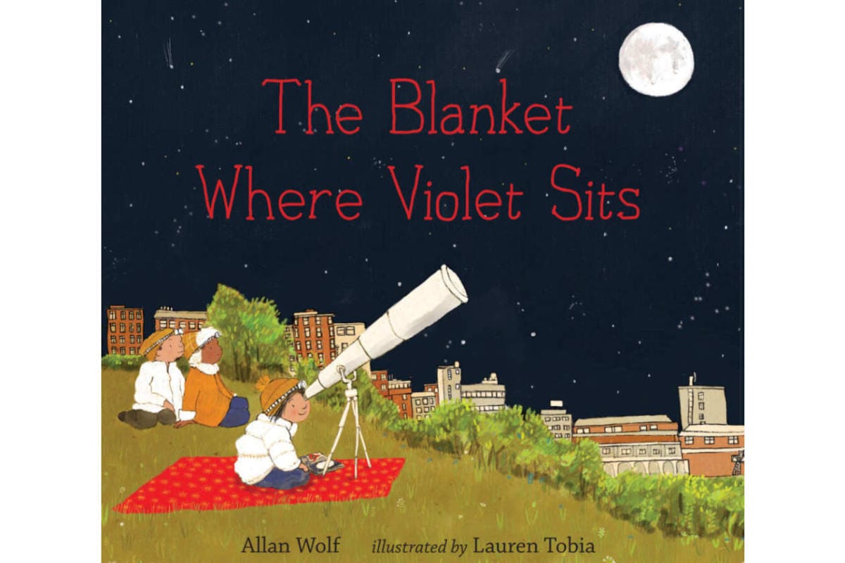 Book cover for The Blanket Where Violet Sits: children on a hill stargazing with a telescope under a night sky and full moon.