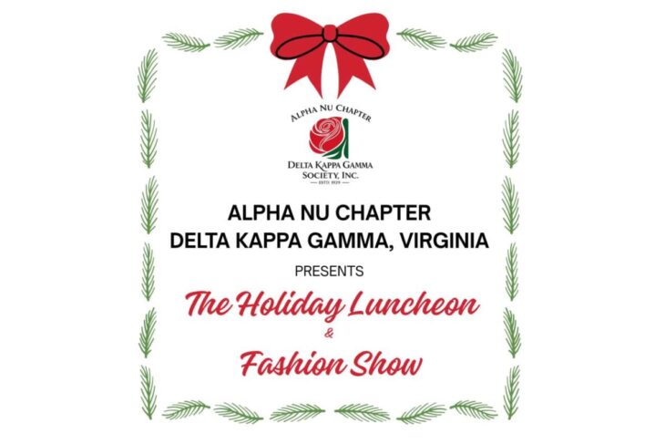 Poster for Alpha Nu Chapter, Delta Kappa Gamma, Virginia: The Holiday Luncheon & Fashion Show with a red bow and green pine-border frame.