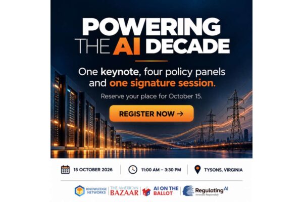 Promotional poster for 'Powering the AI Decade' event with a 'Register Now' button and event details (Oct 15, Tyson's VA).