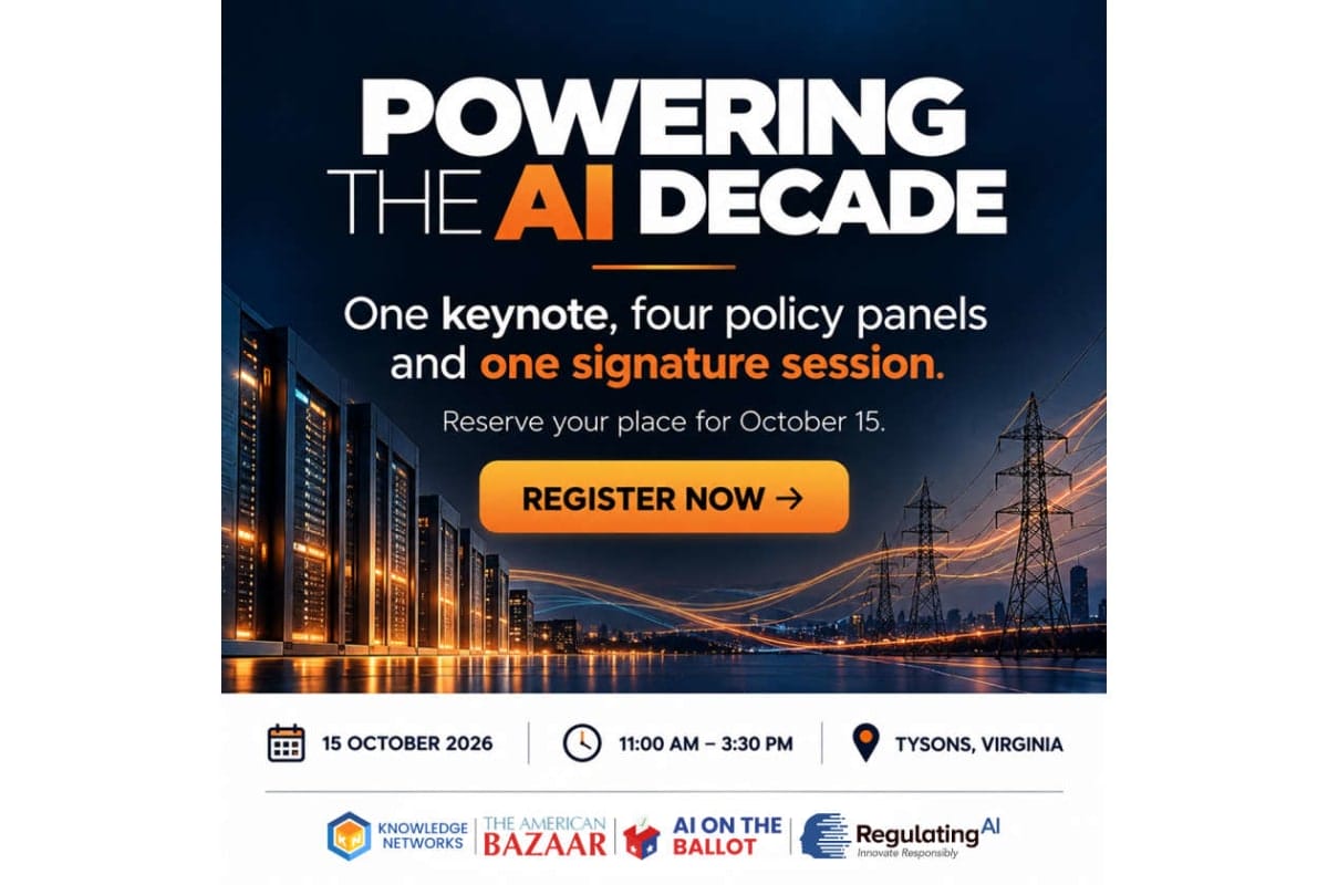 Promotional poster for 'Powering the AI Decade' event with a 'Register Now' button and event details (Oct 15, Tyson's VA).