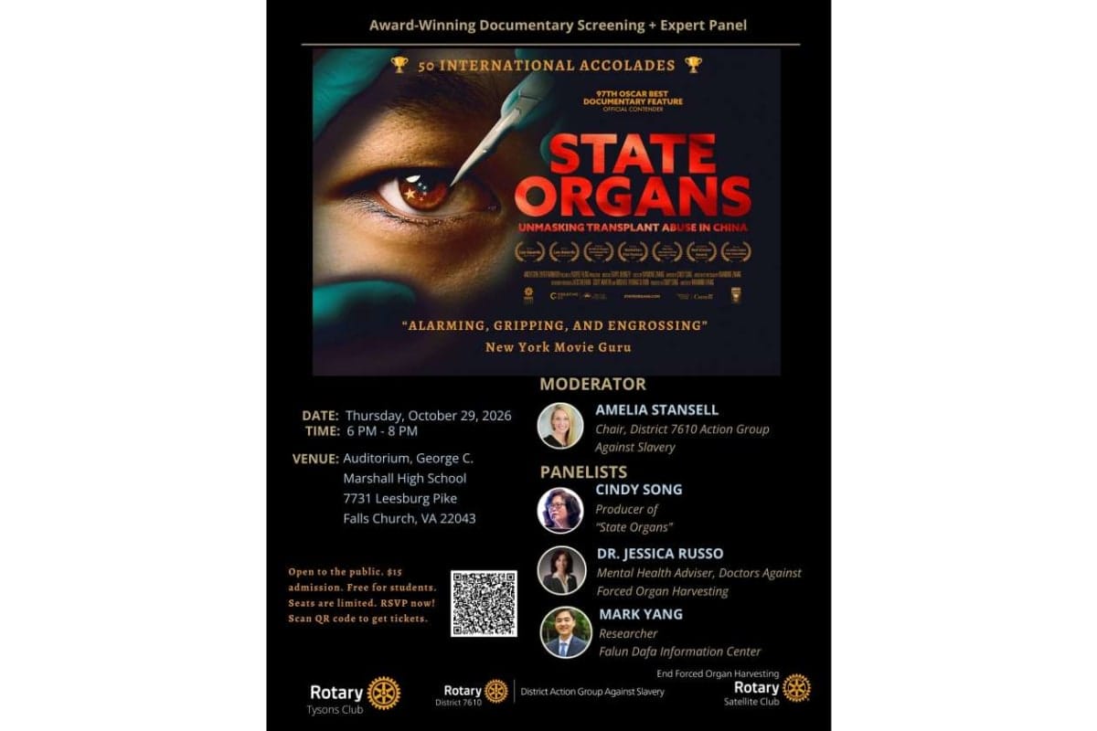 Event poster for the documentary 'State Organs' with an expert panel—includes date, time, venue (Marshall High School, Falls Church, VA), and a QR code for tickets. Panelists pictured: Amelia Stansell, Cindy Song, Dr. Jessica Russo, and Mark Yang.