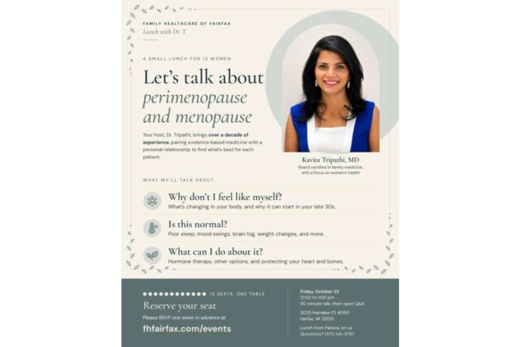 Flyer for a women’s health lunch with Dr. Kavita Tripathi about perimenopause and menopause, featuring her photo and event details to reserve a seat at fffairfax.com/events in Fairfax, VA.