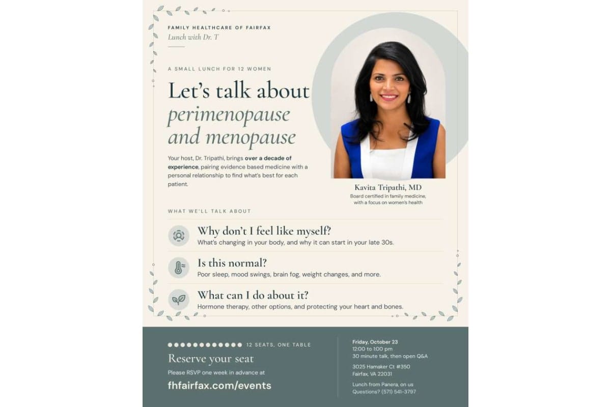 Flyer for a women’s health lunch with Dr. Kavita Tripathi about perimenopause and menopause, featuring her photo and event details to reserve a seat at fffairfax.com/events in Fairfax, VA.