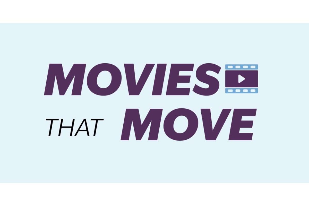 Graphic with the words MOVIES THAT MOVE in bold purple on a pale blue background, plus a small filmstrip play icon to the right.