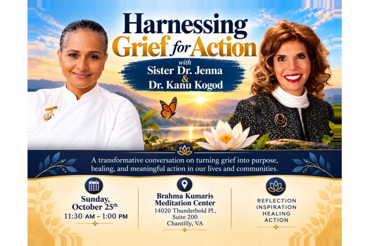 Event poster titled 'Harnessing Grief for Action' with two women against a sunrise background and a lotus motif; includes event details in a blue banner.