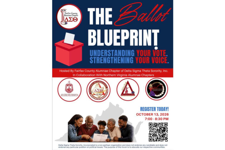 Poster for a voting education event: 'The Ballot Blueprint' with a red ballot box, logos, and a diverse group of people studying a document. QR code shown.
