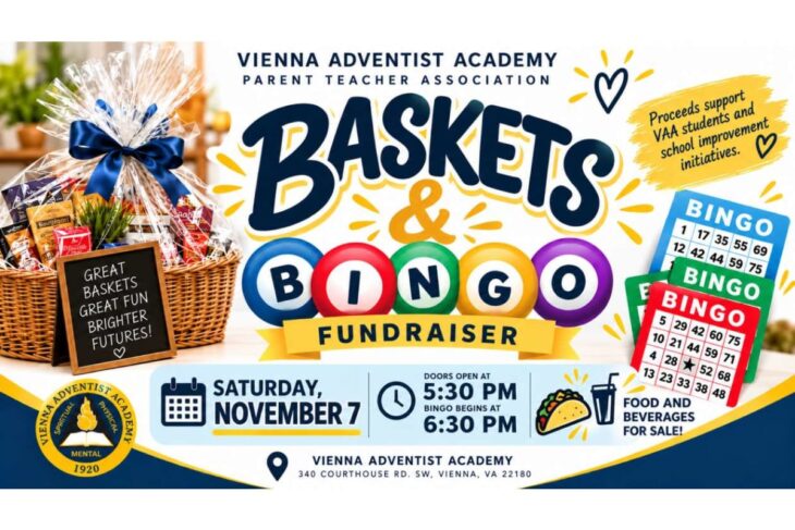 Bright fundraiser poster for Vienna Adventist Academy: gift basket, 'Baskets & Bingo' title, bingo cards, and date/time (Sat Nov 7; doors 5:30 PM; bingo 6:30 PM).